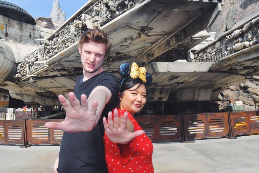 Frank and Allison in front of the Millennium Falcon